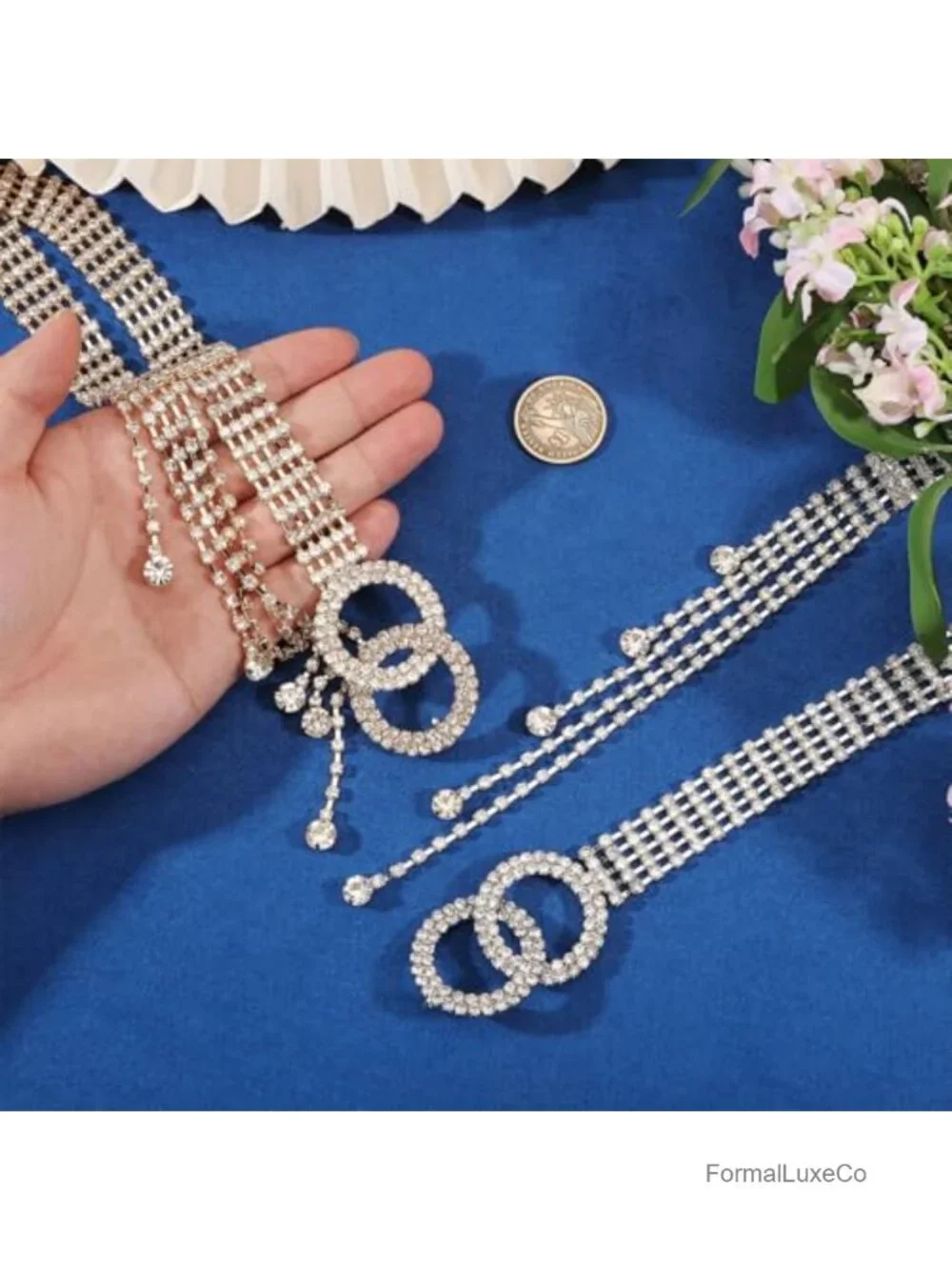 Crystal Rhinestone Belt Double O-Ring Waistband 100cm Women's Wedding